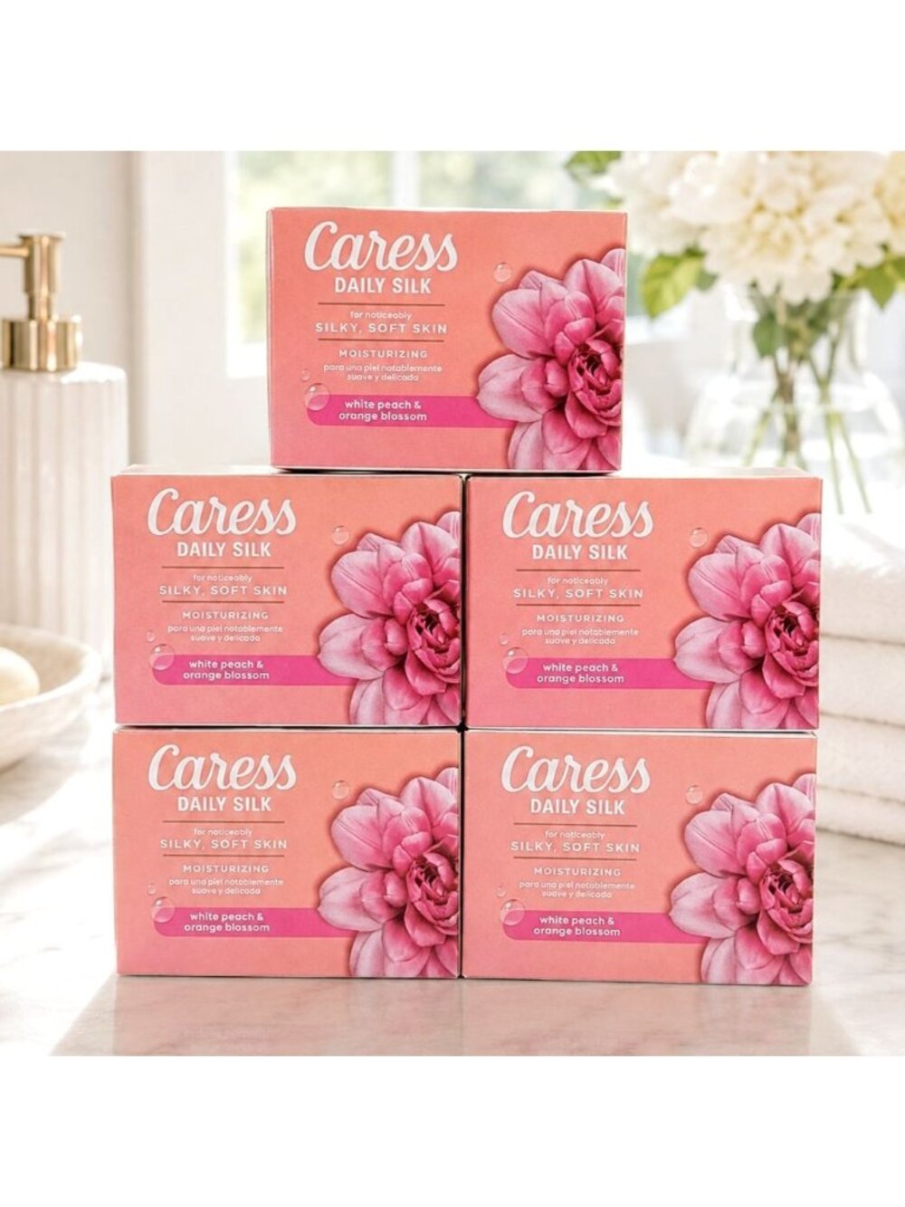 (5) Caress Daily Silk Bar Soap White Peach & Orange Blossom 3.75 Oz - NEW